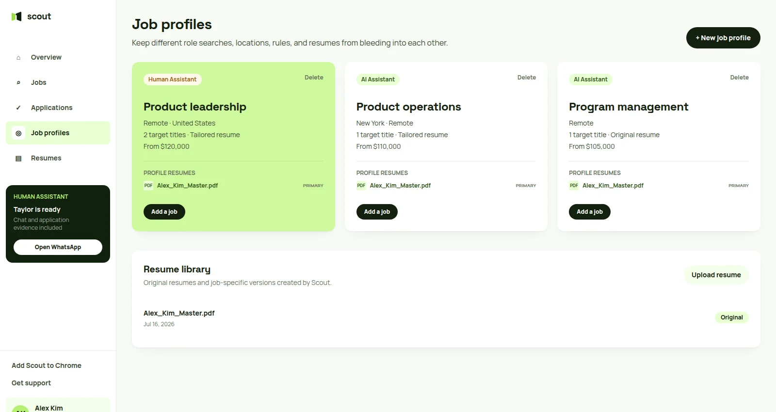 Scout job profiles with separate roles, locations, assistant lanes, and attached resumes